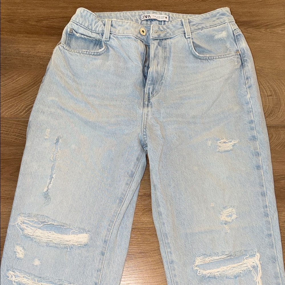 Zara Light Blue Ripped Boyfriend Jeans